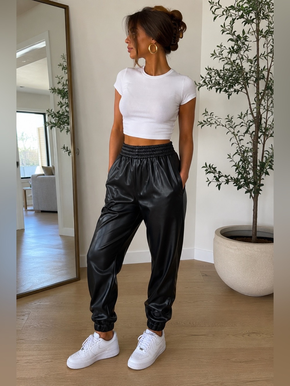 Sayaka Davis Black Faux Leather Jogger Pants Smocked Elastic Waist Cuffed Ankle.